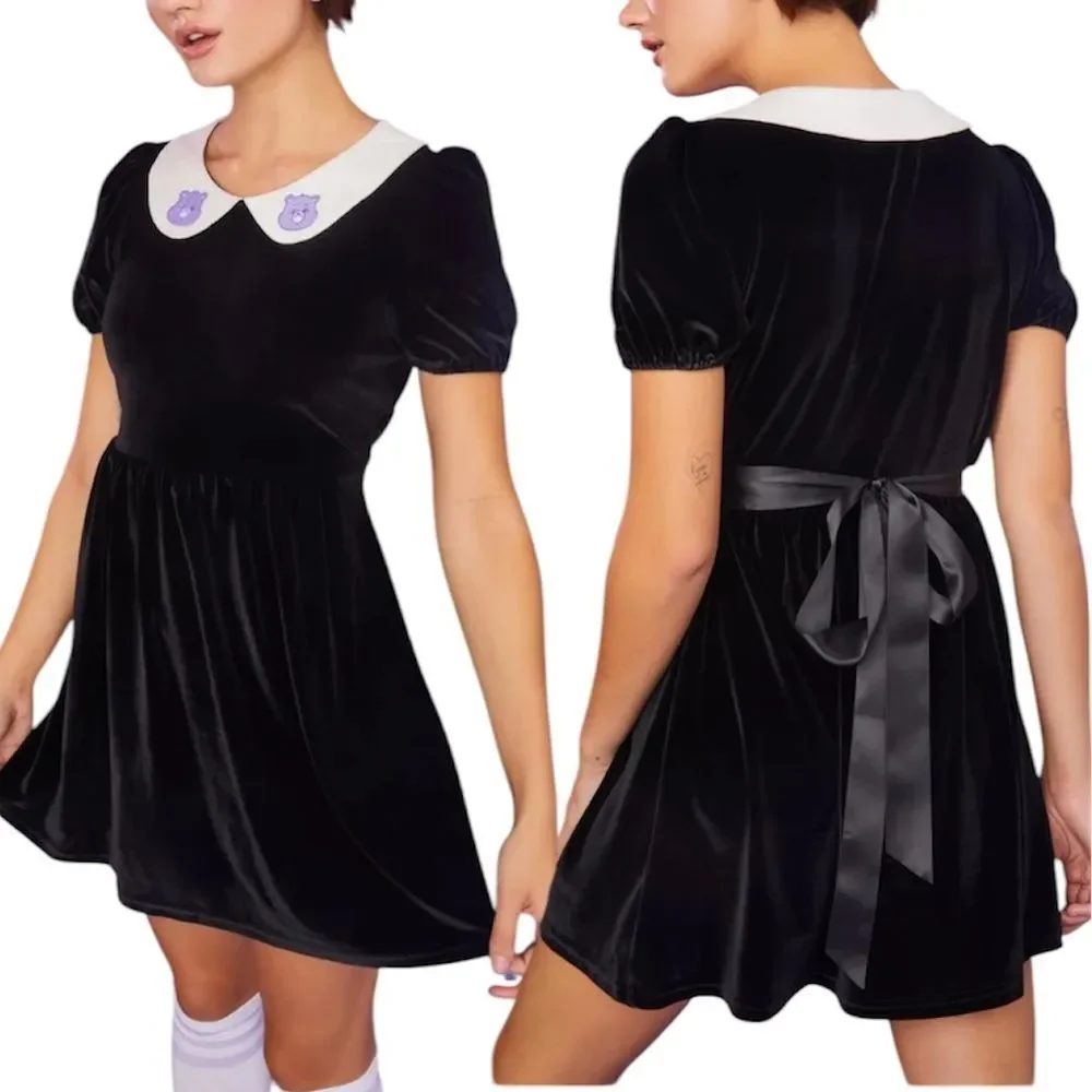 Dolls Kill X CARE BEARS XL Love You Forever Black Velvet Babydoll Dress - Picture 2 of 14